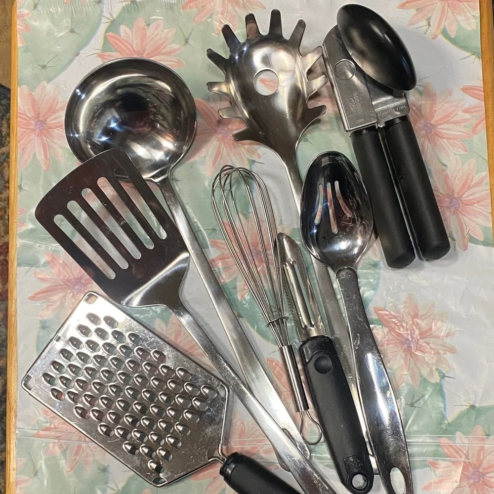 Elegant Silver and Black Kitchen Utensil Set Whisk Spatula Grater Can Opener